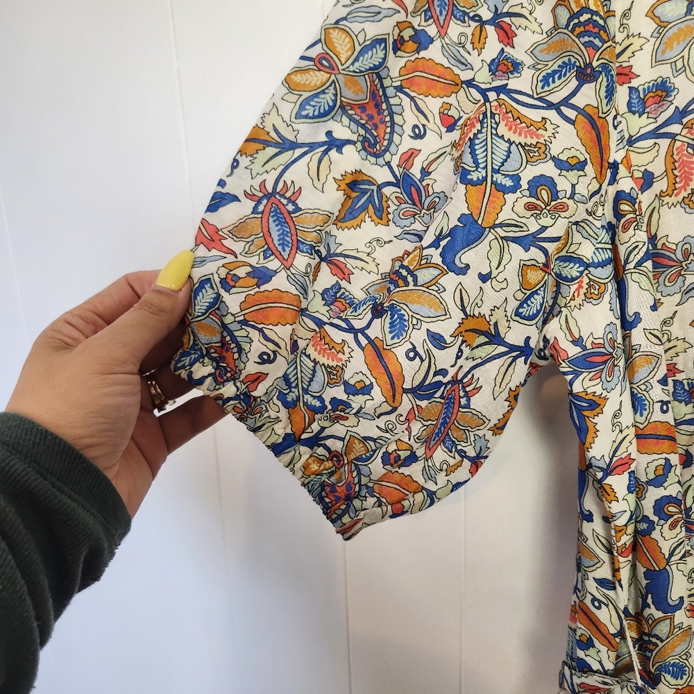 Boden Linen Blend Midi Dress Puff Sleeve A-Line Floral Boho Print V-Neck Size 14 - Picture 7 of 16